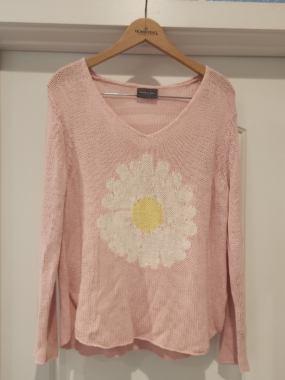 Wooden Ships Pink V-Neck Daisy Knit Sweater